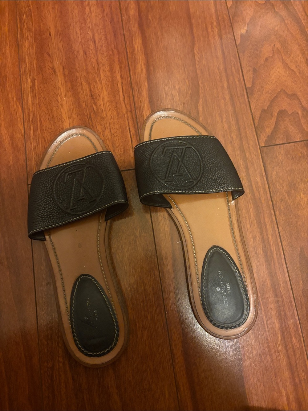 Louis Vuitton Black Leather Slide Sandals with Tan Footbed